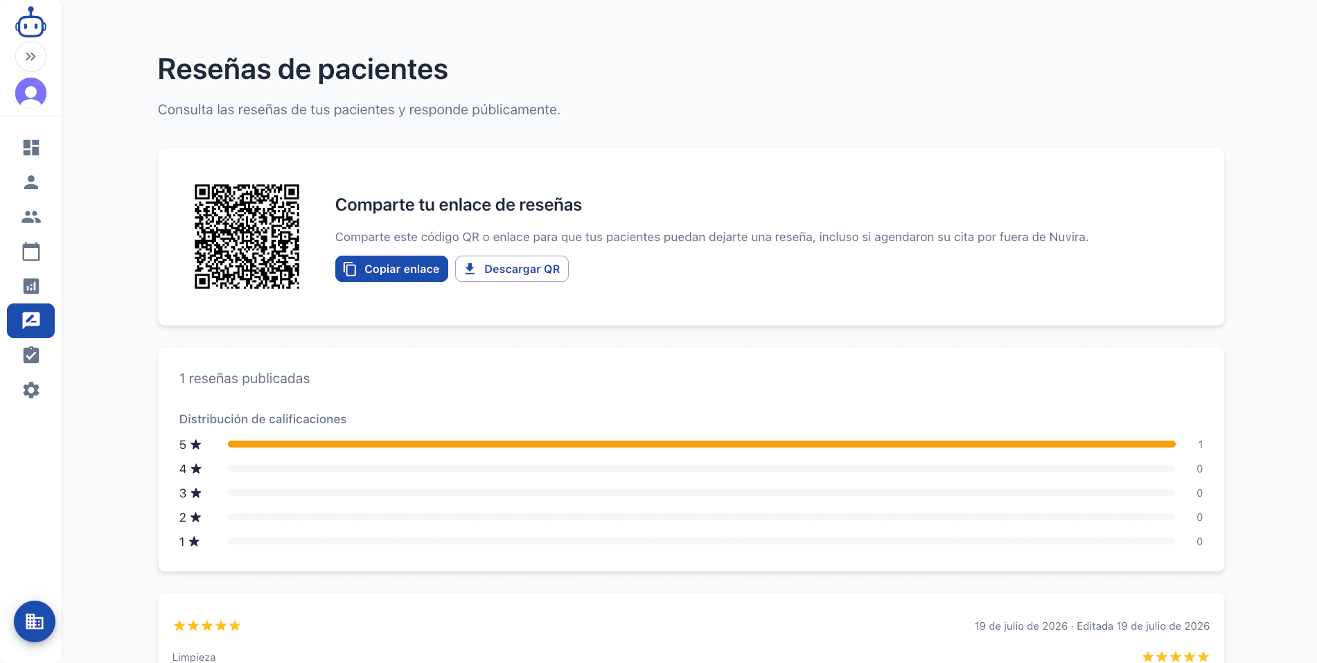 Reseñas de pacientes y código QR para solicitarlas en Nuvira
